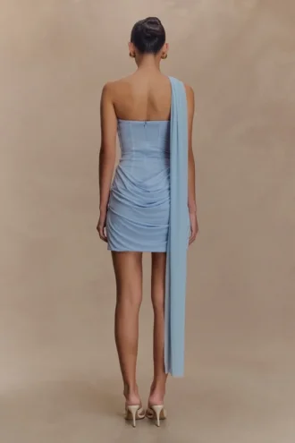Vestido mini ceñido y de malla Mattea con pañuelo – Azul claro