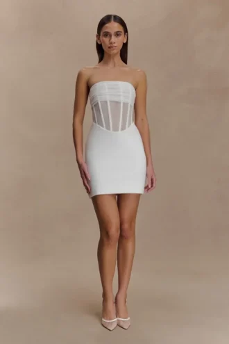 Vestido mini con corsé de malla Palmer – Marfil