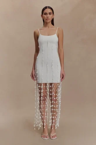 Vestido mini con flores tejido a mano Tove – Blanco