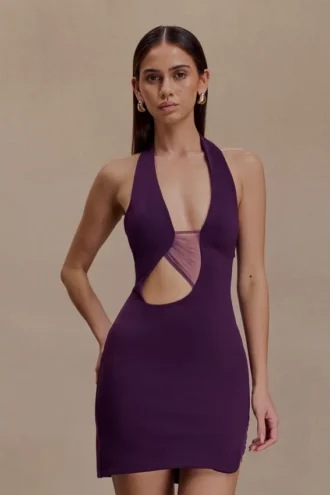 Vestido mini de crepé y malla Aubree – Morado