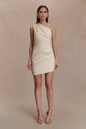 Vestido mini de lino con un solo hombro Helena – Beige natural