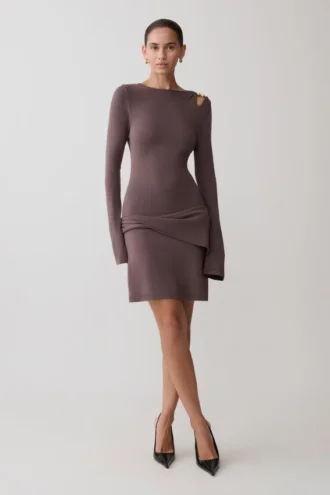 Vestido mini de manga larga de punto Cresida con detalles metálicos – Peppercorn