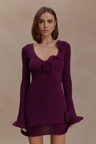 Vestido mini de manga larga de punto Samira – Ciruela