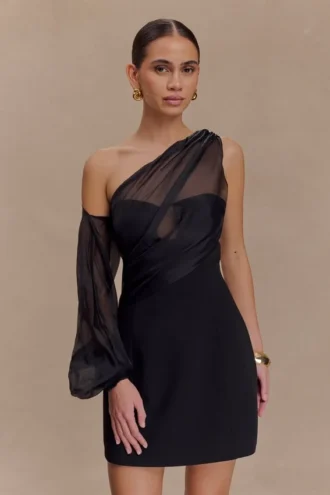 Vestido mini de organza con una manga Effie – Negro