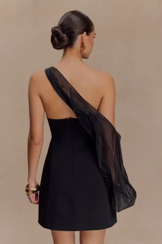 Vestido mini de organza con una manga Effie – Negro