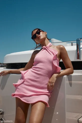 Vestido mini de punto con cuello halter Caprice – Rosa chicle