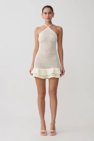 Vestido mini de punto de ganchillo Carrisa – Blanco