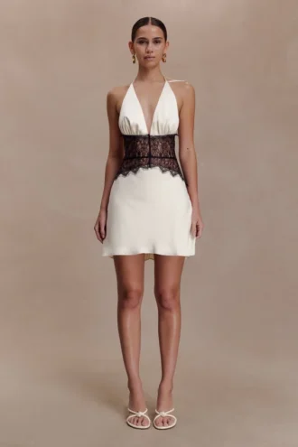 Vestido mini Dinah de encaje y satén – Negro/Marfil