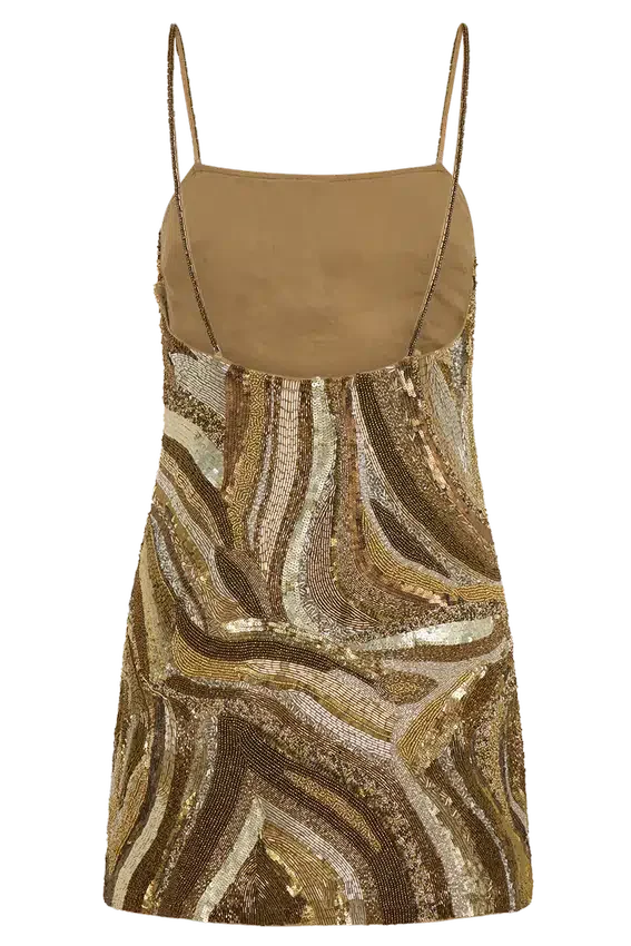 Vestido mini Eloise con bordado a mano – Estampado de remolinos dorados Vestido mini Eloise con bordado a mano – Estampado de remolinos dorados