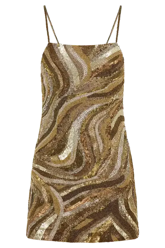 Vestido mini Eloise con bordado a mano – Estampado de remolinos dorados Vestido mini Eloise con bordado a mano – Estampado de remolinos dorados