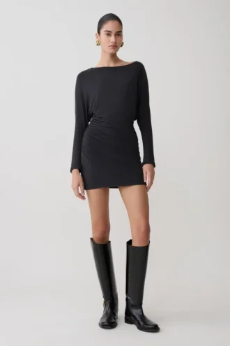 Vestido mini fruncido de manga larga Thao – Gris carbón oscuro