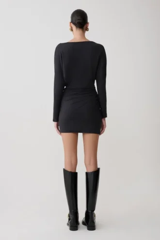 Vestido mini fruncido de manga larga Thao – Gris carbón oscuro