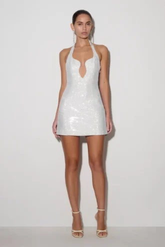 Vestido mini halter Raina Diamante – Blanco