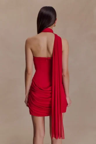 Vestido mini Mattea de malla y tejido elástico con pañuelo – Rojo