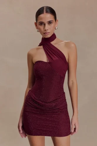Vestido mini Mattea Diamante con pañuelo – Ciruela