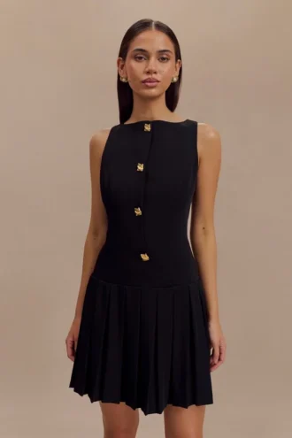 Vestido mini plisado sin mangas Mackenzie – Negro