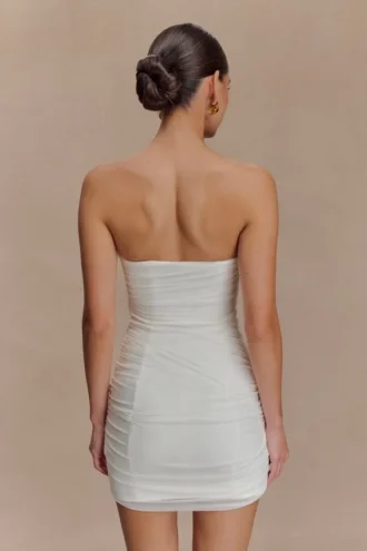Vestido mini sin tirantes de malla Jianna – Blanco