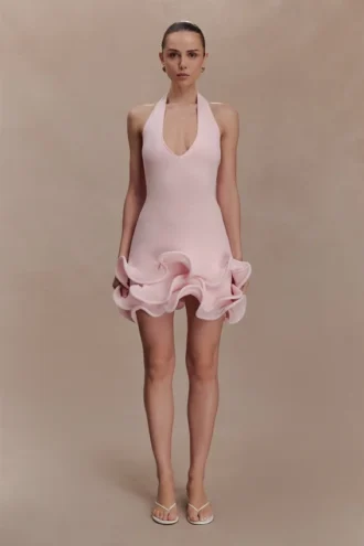 Vestido Willowmena con cuello halter y bajo tubular – Rosa bebé